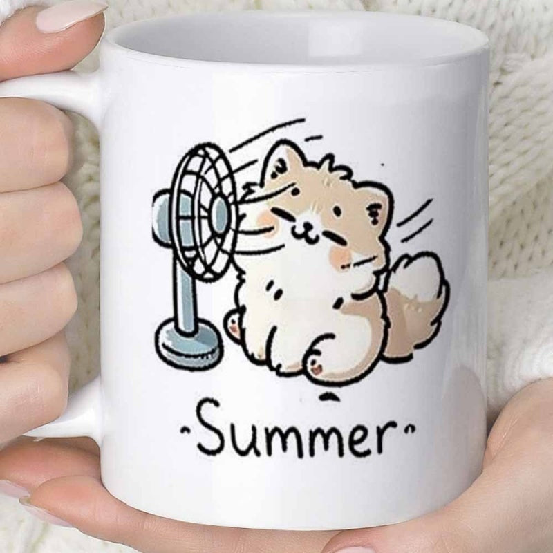 Tailorly White Ceramic 11 oz Mug - Summer Adorable Fluffy Puppy Enjoying Cool Breeze From Vintage Electric Fan Dog