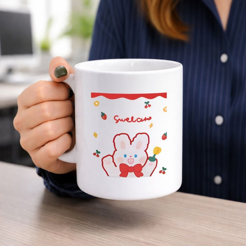 Tailorly White Ceramic 11 oz Mug - Sweet Charming Cartoon Style With Strawberries And Cherries Surrounding A Joyful Rabbit