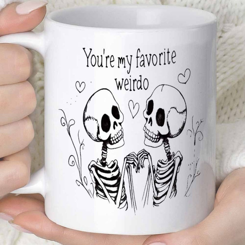 Tailorly White Ceramic 11 oz Mug - You're My Favorite Weirdo Hand Drawn Line Art With Tiny Floating Hearts Between Two Loving Skeletons