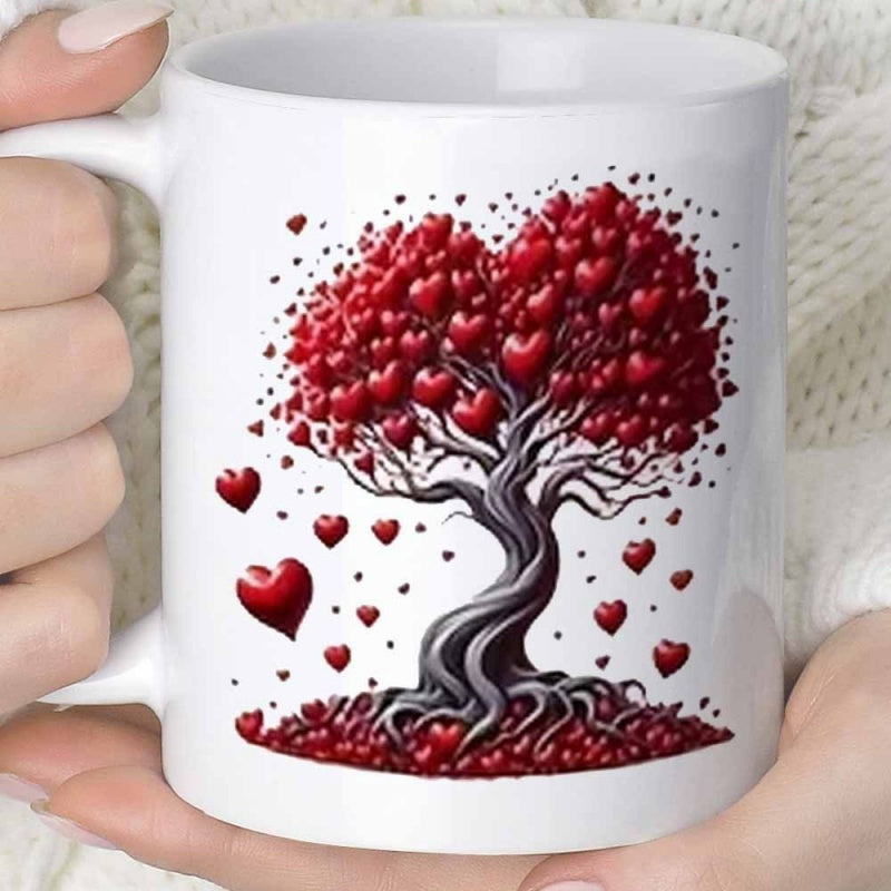 Tailorly White Ceramic 11 oz Mug - Artistic Twisted Trunk Featuring Vibrant Red Heart Shaped Leaves Blowing Tree