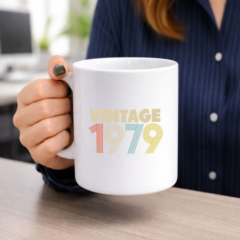 Tailorly White Ceramic 11 oz Mug - Vintage 1979 Minimalist Retro Typography Featuring Colorful Block Numbers And Letters Mug