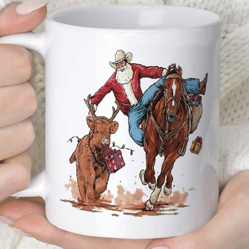 Tailorly White Ceramic 11 oz Mug - Western Style Cowboy Santa Riding Fast Galloping Steed With Highland Cow Horse