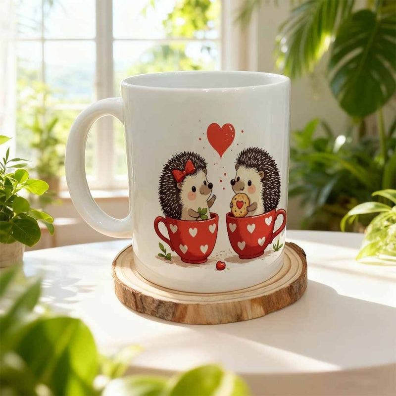 Tailorly White Ceramic 11 oz Mug - Cute Cartoon Couple Of Hedgehogs Sitting In Heart Patterned Teacups Hedgehog