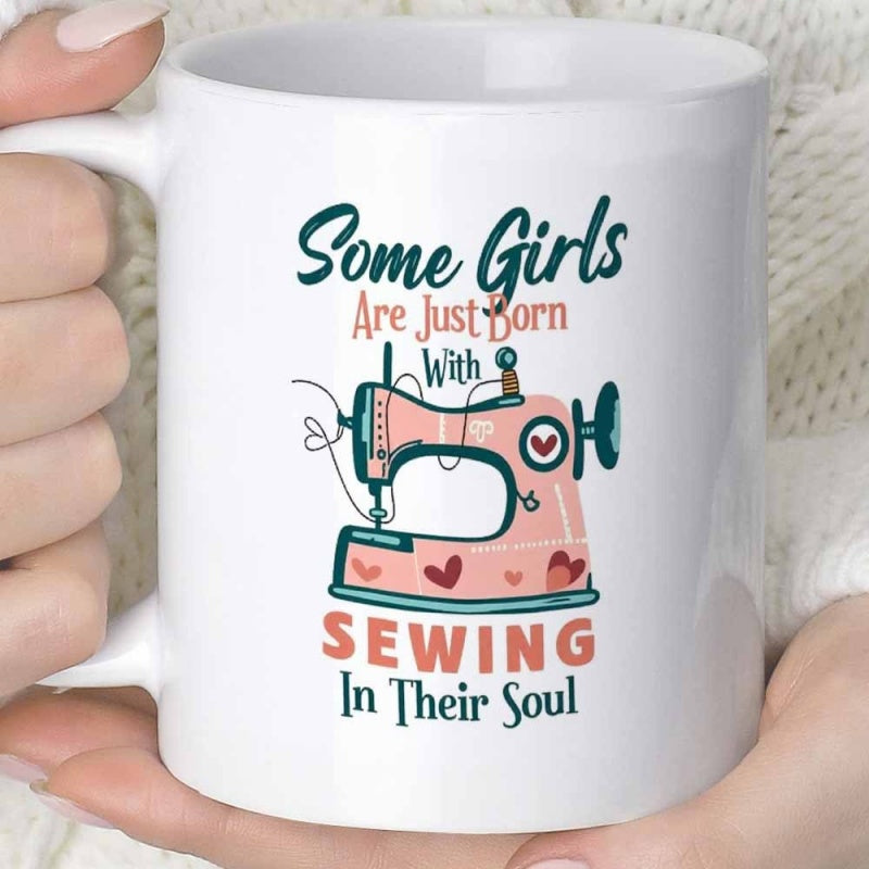 Tailorly White Ceramic 11 oz Mug - Some Girls Are Just Born With Sewing In Their Soul Pink Vintage Style Decorated With Small Hearts And Delicate Stitched Threads