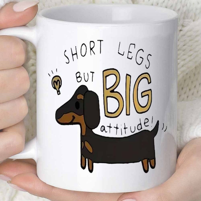 Tailorly White Ceramic 11 oz Mug - Short Legs But Big Attitude Adorable Cartoon Pet Featuring Long Brown Body And Tiny Paws Dachshund