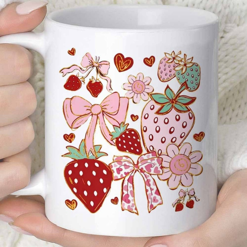 Tailorly White Ceramic 11 oz Mug - Elegant Pink Bows And Delicate Flowers Combined With Red Heart Strawberry