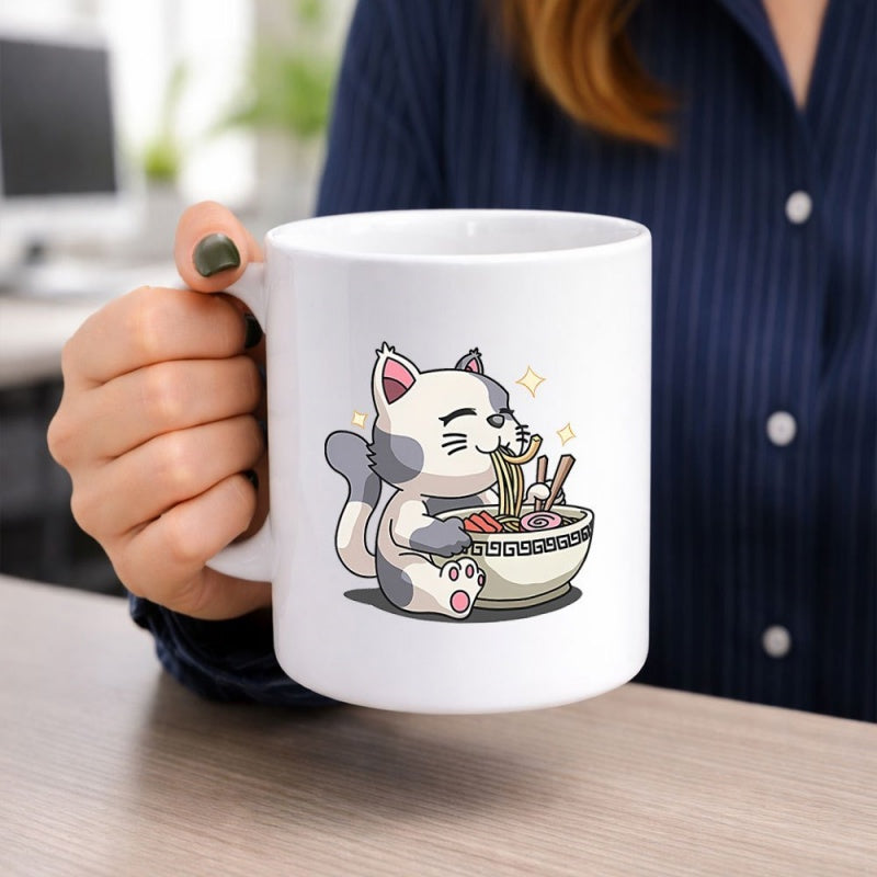 Tailorly White Ceramic 11 oz Mug - Adorable Kawaii Calico Kitten Eating Steaming Ramen From A Large Ceramic Bowl Cat