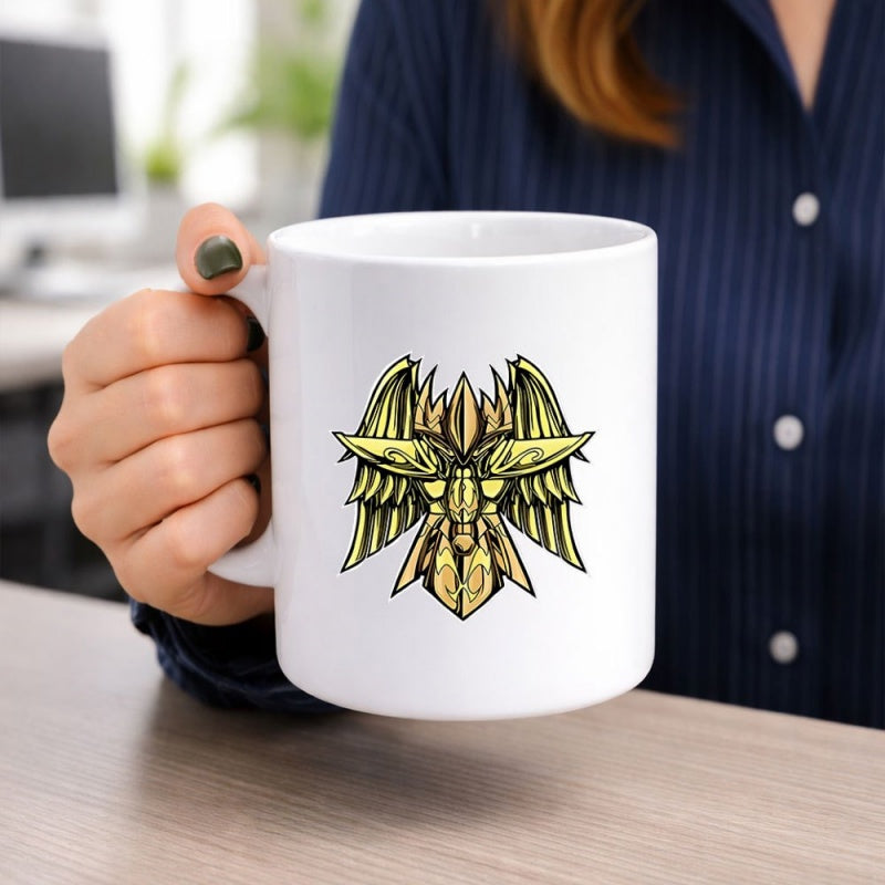 Tailorly White Ceramic 11 oz Mug - Golden Mechanical Winged Crest With Intricate Symmetrical Details And Sharp Edges Emblem