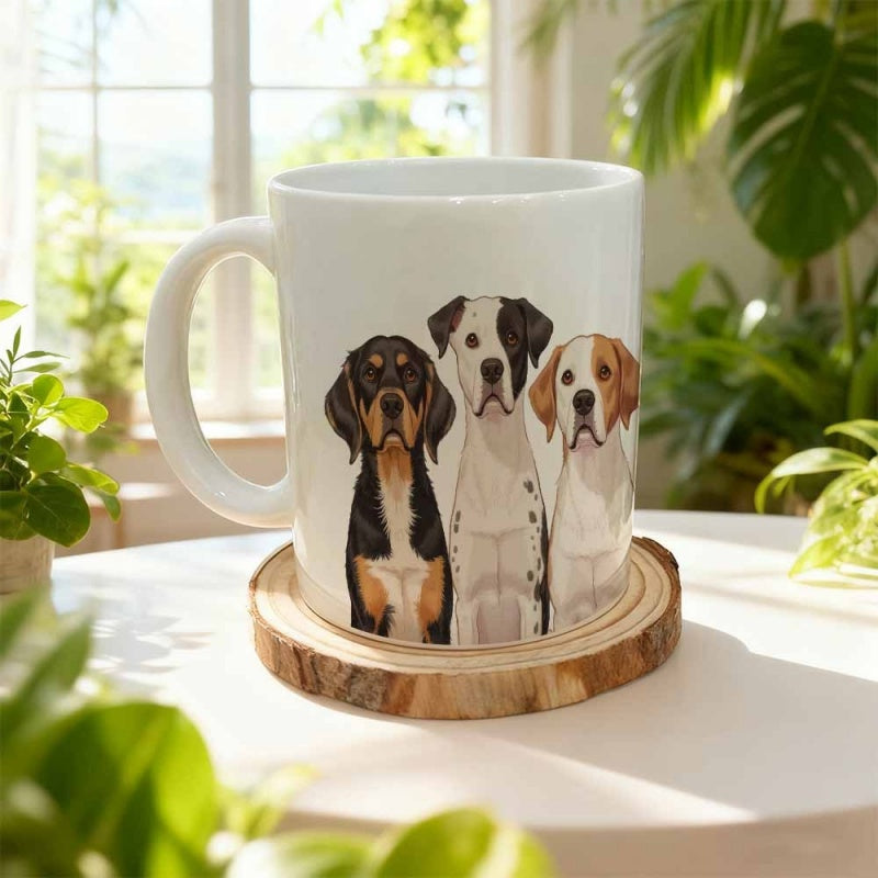 Tailorly White Ceramic 11 oz Mug - Three Cute Hunting Dogs Sitting Together In Artistic Flat Illustration Dogs