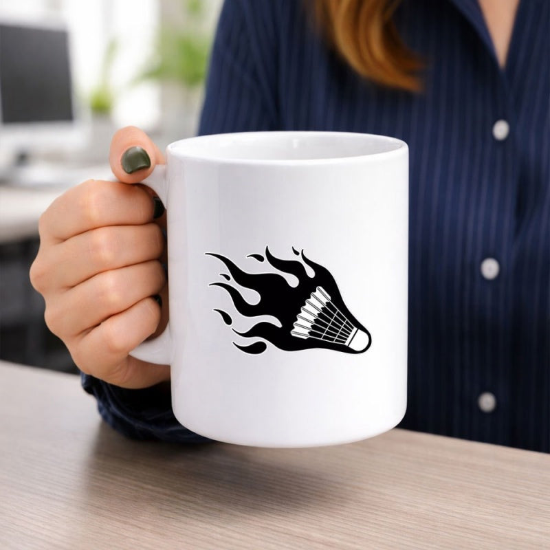 Tailorly White Ceramic 11 oz Mug - Stylized Sport Graphic Featuring A Fast Moving Burning Fire Shuttlecock
