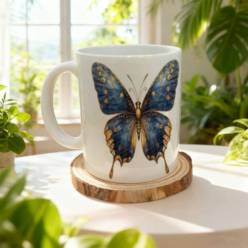 Tailorly White Ceramic 11 oz Mug - Elegant Blue And Gold Winged Creature With Detailed Patterns Intricate Butterfly