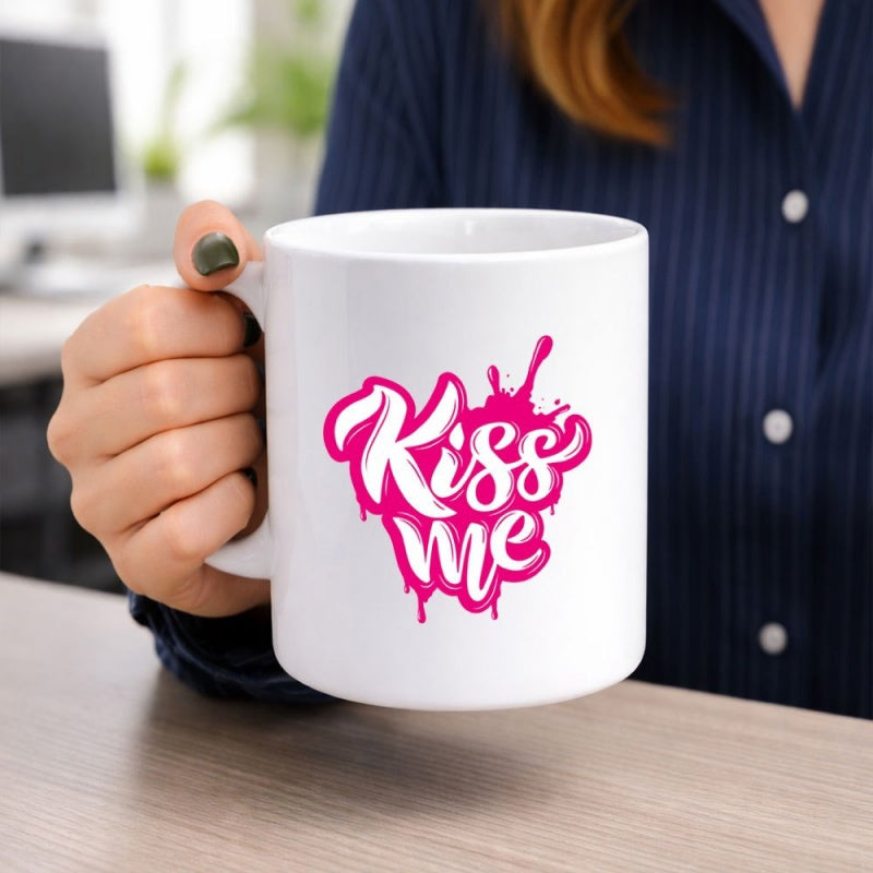Tailorly White Ceramic 11 oz Mug - Kiss Me Vibrant Pink Drip Style Liquid Paint Texture Creative Artistic Modern Design Splash