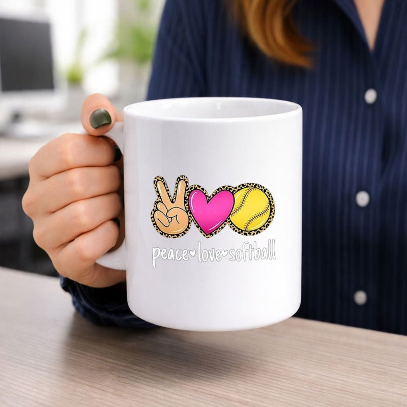 Tailorly White Ceramic 11 oz Mug - Peace Love Softball Leopard Patterned Heart And Peace Sign Icons With Softball