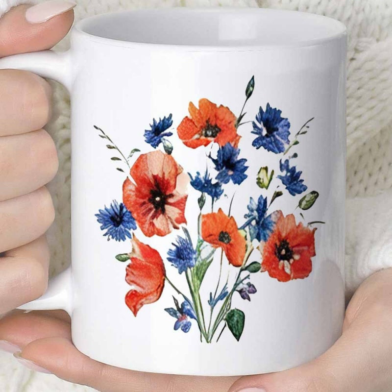 Tailorly White Ceramic 11 oz Mug - Vibrant Orange Poppies And Blue Wildflowers Blooming With Green Stems Flower
