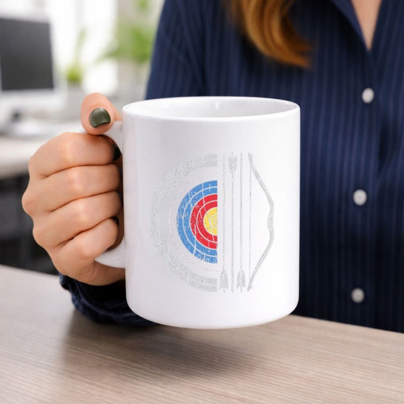 Tailorly White Ceramic 11 oz Mug - Vibrant Colorful Target Rings Beside A Sleek Modern Sporting Bow