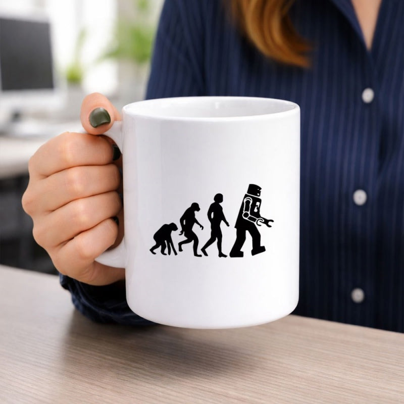 Tailorly White Ceramic 11 oz Mug - Silhouette Representing Progress From Primal Origins To Modern Mechanical Robot