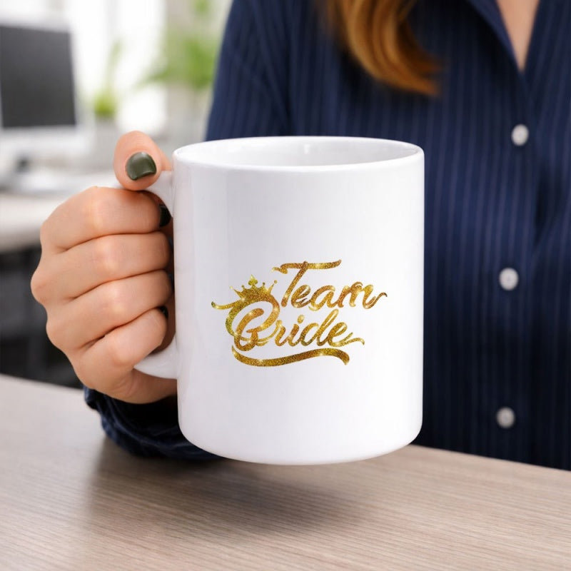 Tailorly White Ceramic 11 oz Mug - Team Bride Golden Glitter Elegant Script Text With A Delicate Royal Crown Mug