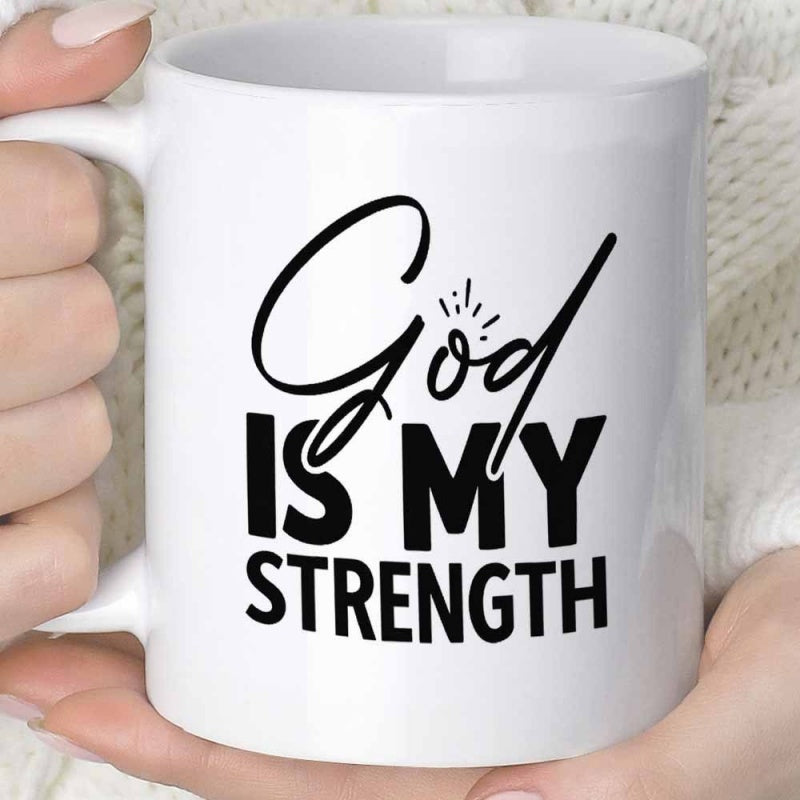 Tailorly White Ceramic 11 oz Mug - God Is My Strength Minimalist Ceramic Vessel Featuring Inspirational Religious Script Quote And Sparkle Graphic Mug