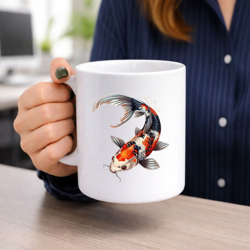 Tailorly White Ceramic 11 oz Mug - Elegant Japanese Water Creature With Ornate Orange And Black Patterned Scales Koi Fish