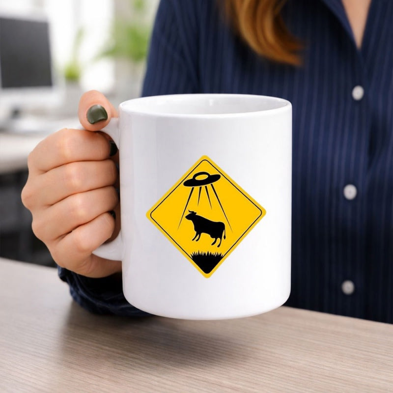 Tailorly White Ceramic 11 oz Mug - Yellow Caution Diamond Sign Featuring Alien Spacecraft Abducting Grazing Pasture Cow