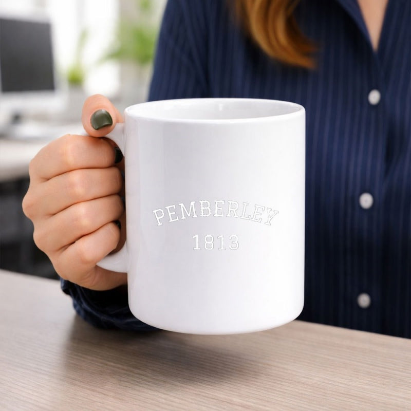 Tailorly White Ceramic 11 oz Mug - Pemberley 1813 Minimalist Classic Typography Arched Over A Vintage Year Design On A Smooth Mug