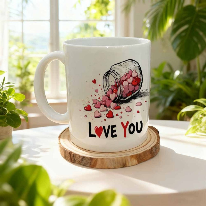 Tailorly White Ceramic 11 oz Mug - Love You Romantic Glass Jar Spilling Delicate Tiny Pink Heart Jar