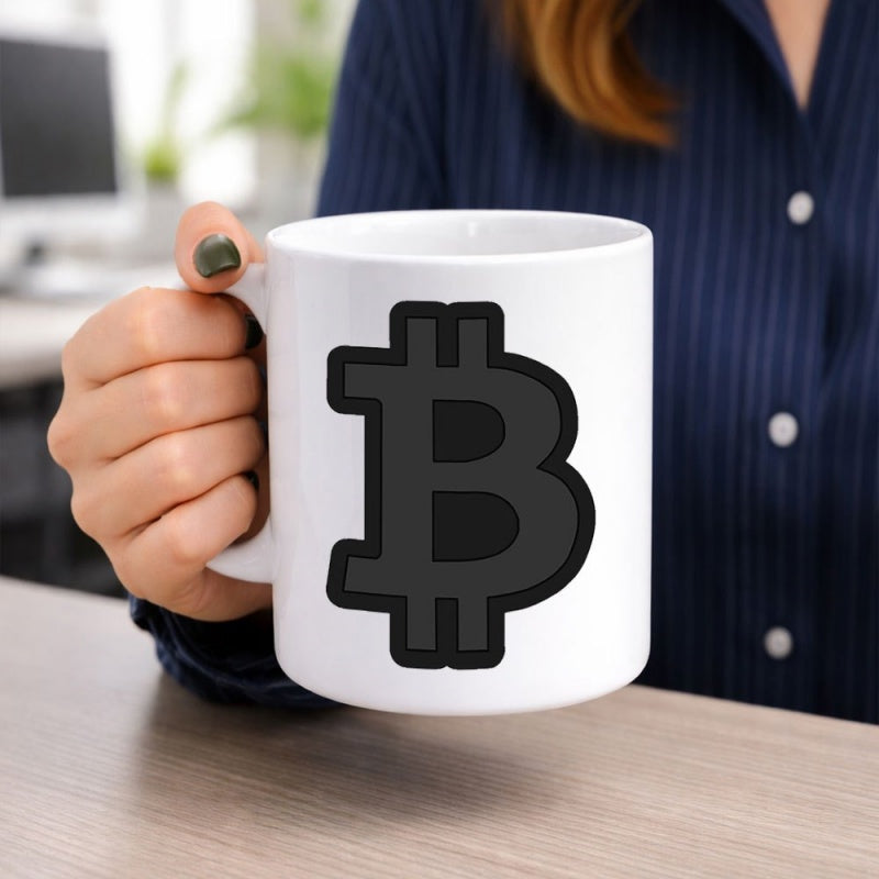 Tailorly White Ceramic 11 oz Mug - Sleek Minimalist Black Digital Currency Symbol Representing Financial Technology Bitcoin