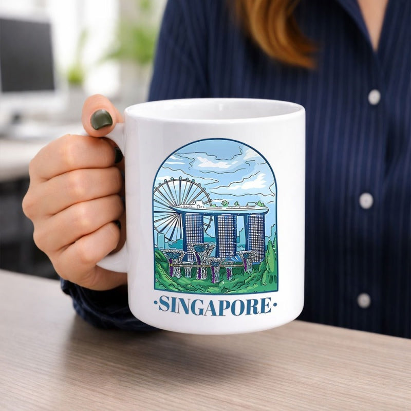 Tailorly White Ceramic 11 oz Mug - Singapore Famous City Skyline With Iconic Hotel Under A Cloudy Sky Landmark