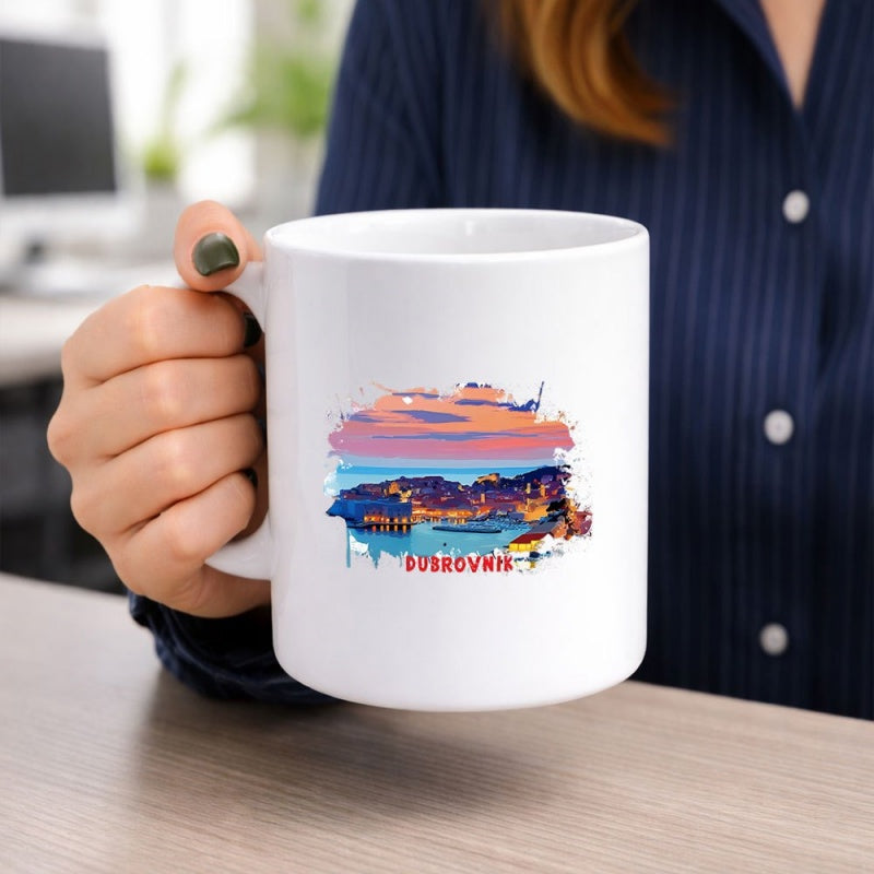 Tailorly White Ceramic 11 oz Mug - Positano Vibrant Watercolor Sunset View Overlooking Houses Along The Harbor