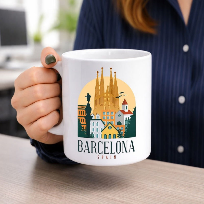 Tailorly White Ceramic 11 oz Mug - Barcelona Spain Stylized City Skyline Featuring Iconic Cathedral Under Warm Golden Sun Landmark