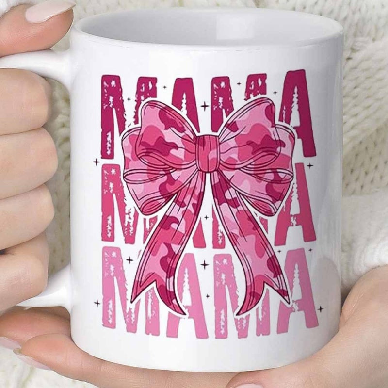 Tailorly White Ceramic 11 oz Mug - Mama Patterned Ribbon Featuring Pink Camouflage Textures Among Sparkling Decorative Stars Bow