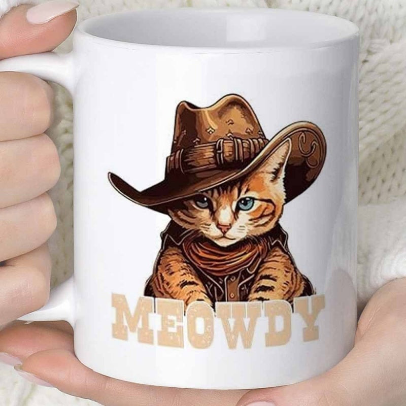 Tailorly White Ceramic 11 oz Mug - Meowdy Orange Tabby Cat Wearing Brown Leather Cowboy Hat And Bandana Cat