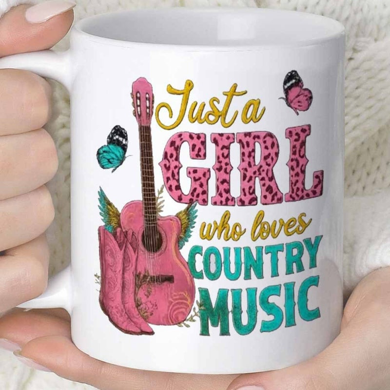 Tailorly White Ceramic 11 oz Mug - Just A Girl Who Loves Country Music Pink Acoustic Guitar With Butterflies And Animal Print Western Boots Guitar