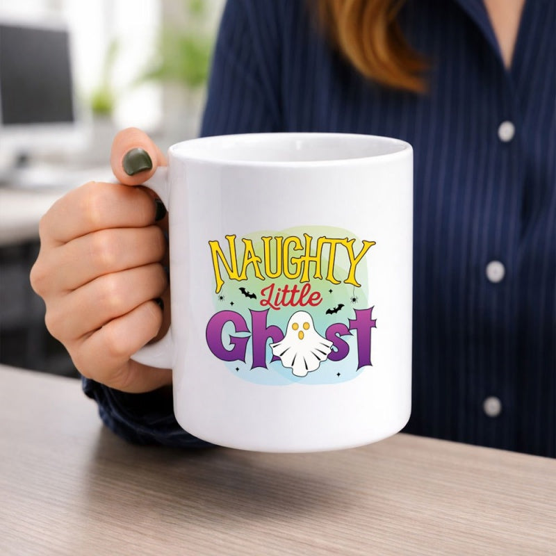 Tailorly White Ceramic 11 oz Mug - Naughty Little Ghost Playful Cartoon Spirit Floating Within Vibrant Colorful Decorative Graphic Elements Ghost