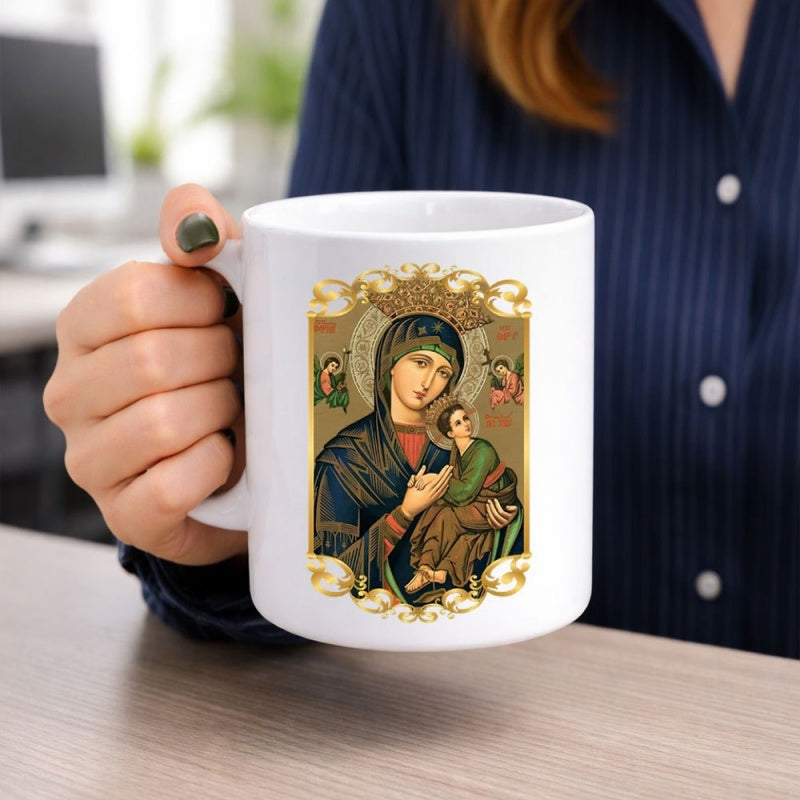 Tailorly White Ceramic 11 oz Mug - Ornate Golden Border Surrounding Sacred Virgin Mary And Child Jesus Religious Icon