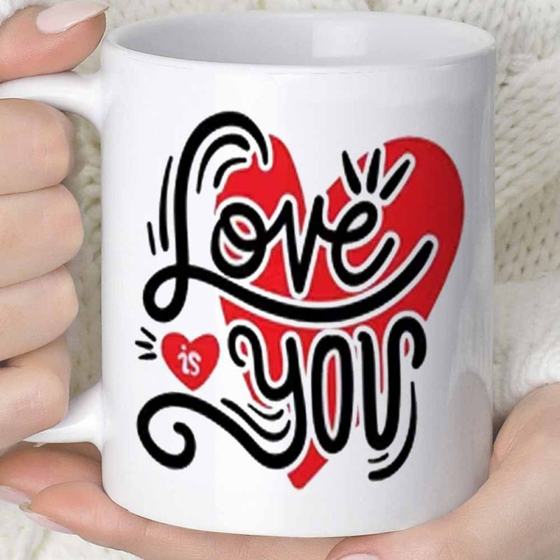 Tailorly White Ceramic 11 oz Mug - Love Is You Artistic Red Heart Featuring Decorative Swirling Black Calligraphy Lines Heart
