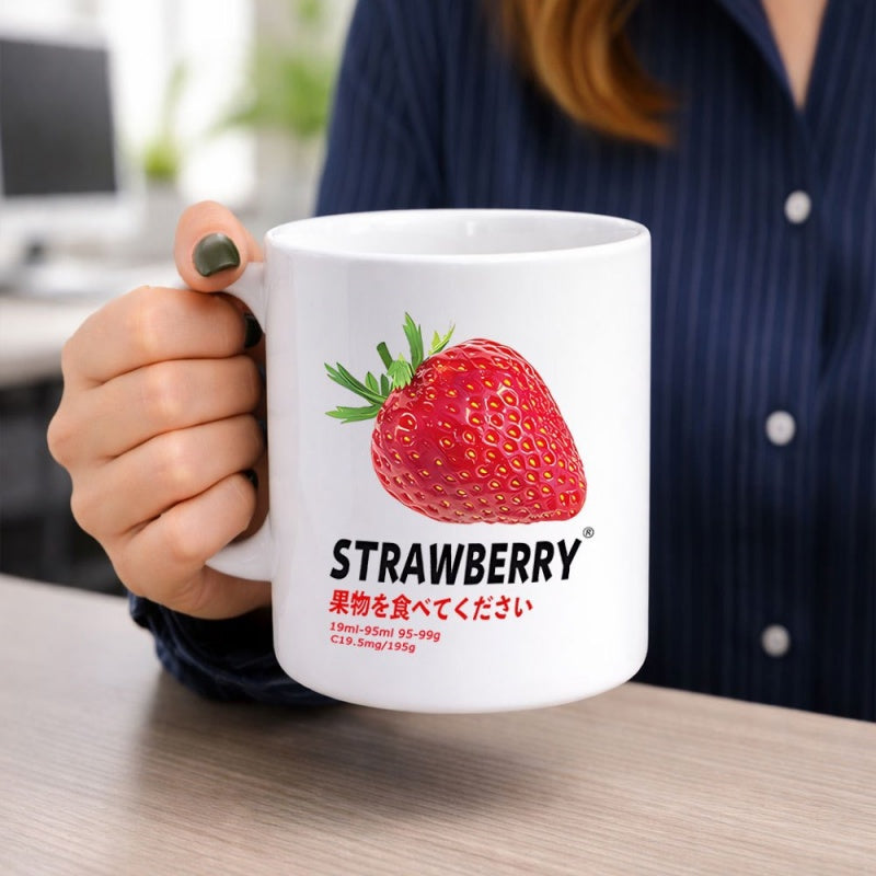 Tailorly White Ceramic 11 oz Mug - Strawberry Vibrant Red Ripe Garden Fruit With Textured Seeds And Leaves Strawberry