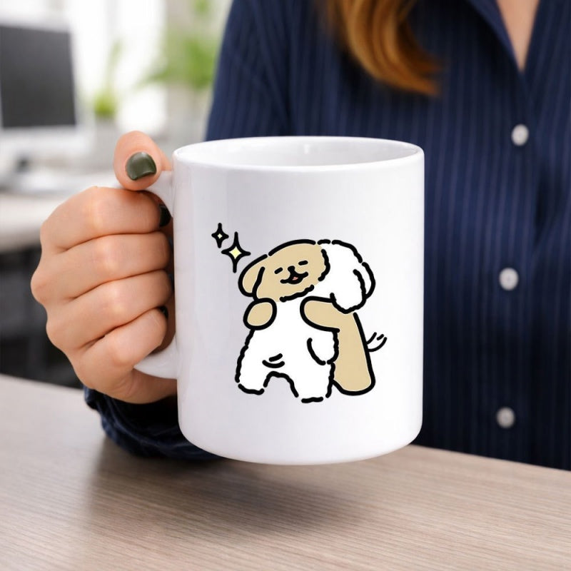 Tailorly White Ceramic 11 oz Mug - Simple Hand Drawn Illustration Featuring Two Cute Fluffy Cartoon Dogs Hugging Dog