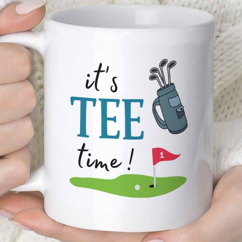Tailorly White Ceramic 11 oz Mug - Its Tee Time Cartoon Style Golf Bag Beside A Green Putting Hole Golf