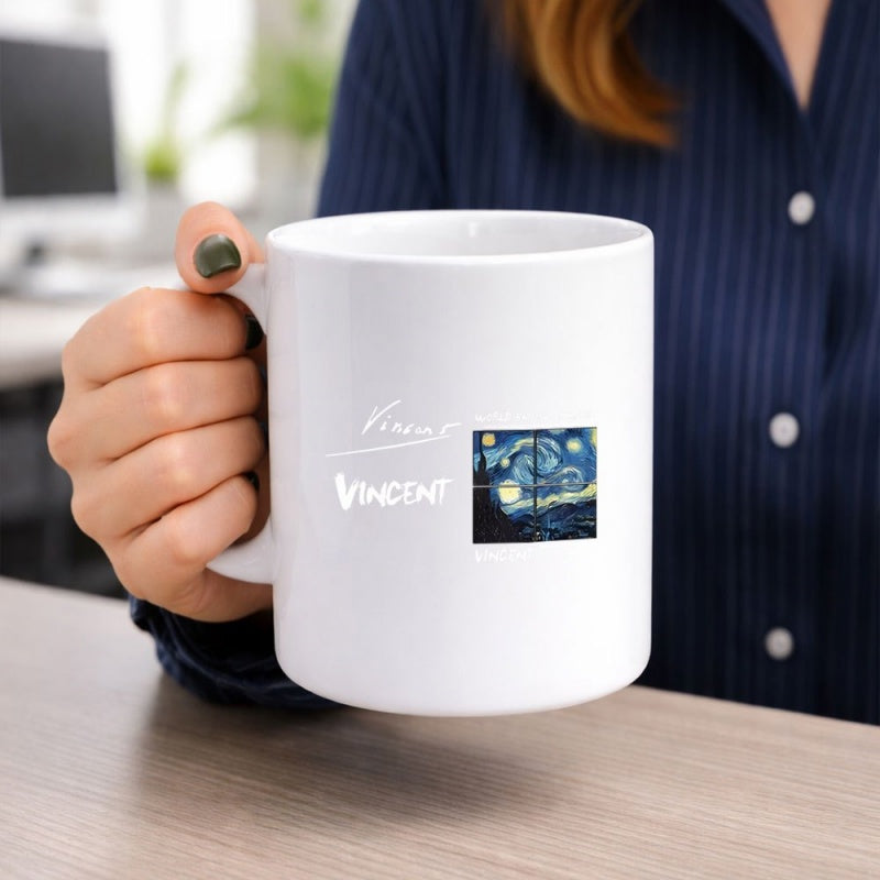 Tailorly White Ceramic 11 oz Mug - Vincent Swirling Midnight Blue Sky With Radiant Yellow Crescent Moon Mug