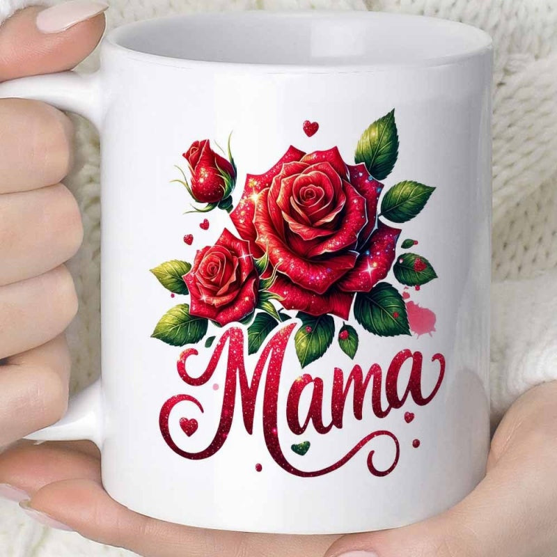 Tailorly White Ceramic 11 oz Mug - Mama Vibrant Red Roses With Delicate Green Leaves And Small Sparkling Hearts Rose