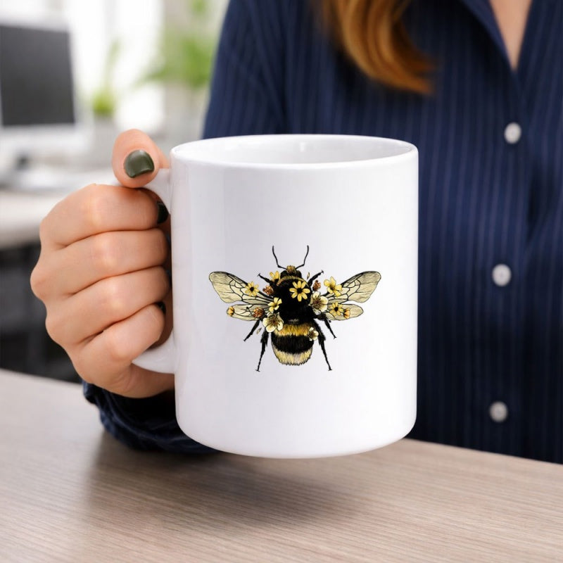 Tailorly White Ceramic 11 oz Mug - Detailed Vintage Style Bumblebee Decorated With Small Yellow Sunflowers And Delicate Wings Bee
