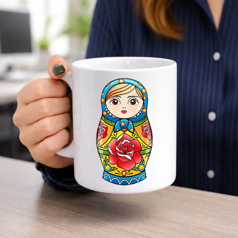 Tailorly White Ceramic 11 oz Mug - Traditional Folk Art Style With Colorful Floral Patterns And Vibrant Red Rose Matryoshka