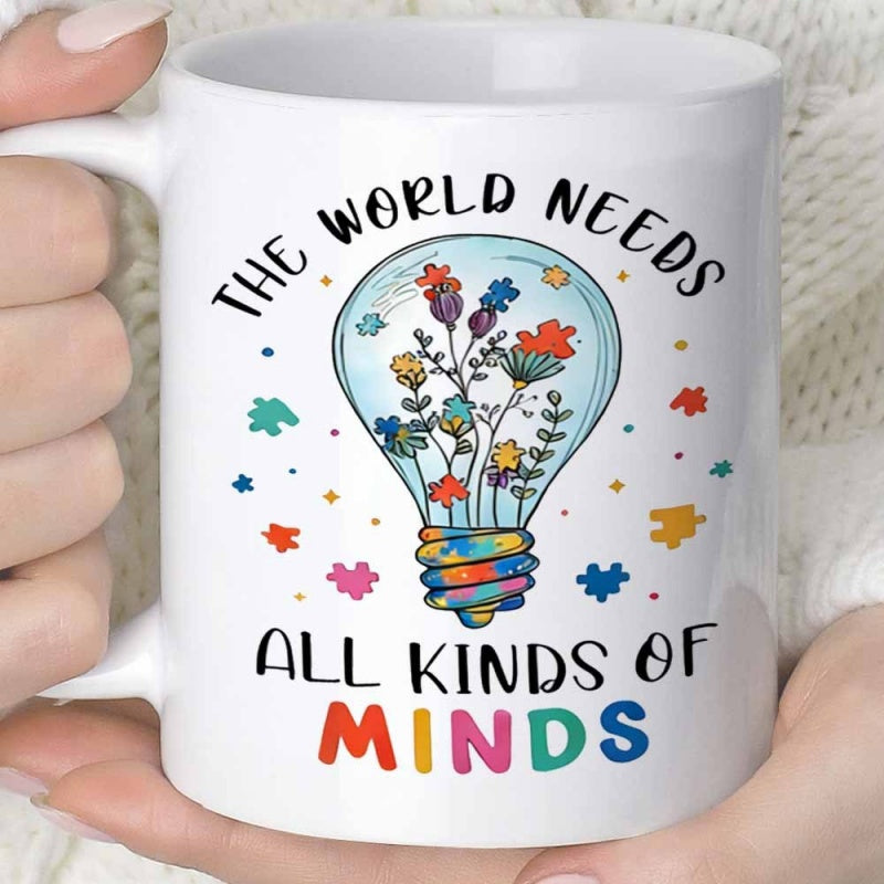 Tailorly White Ceramic 11 oz Mug - The World Needs All Kinds Of Minds Blooming Colorful Flowers Inside A Glowing Glass Silhouette Lightbulb