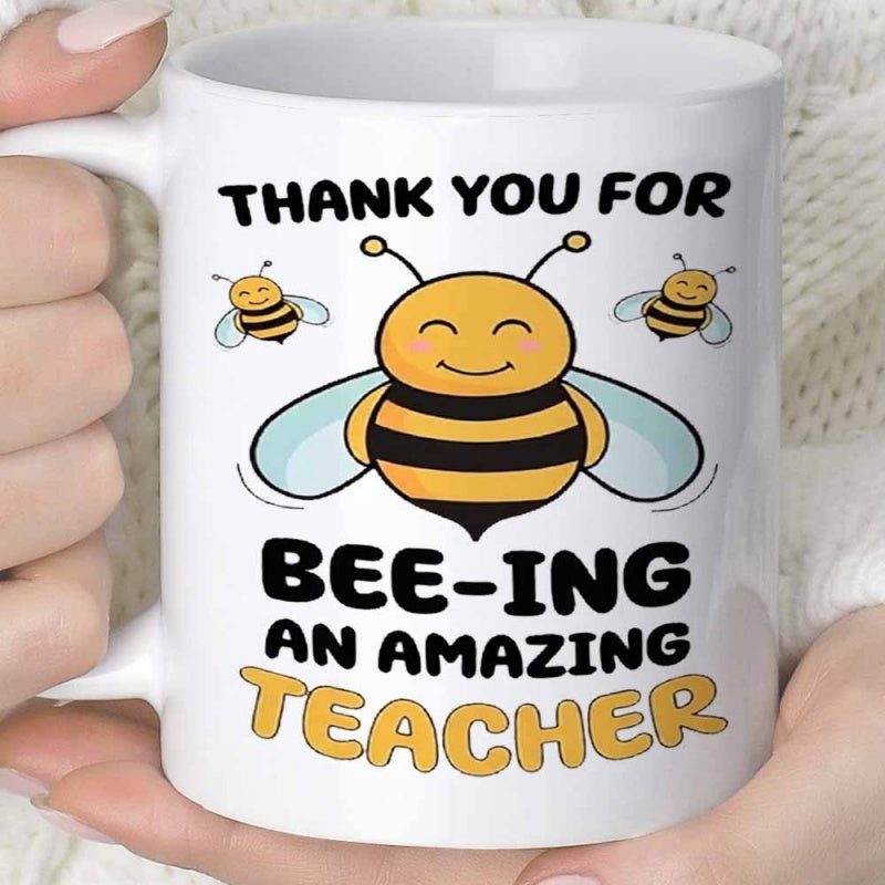 Tailorly White Ceramic 11 oz Mug - Thank You For Bee-ing An Amazing Teacher Smiling Cartoon Insects Hovering In A Bright Cheerful Atmosphere Bee