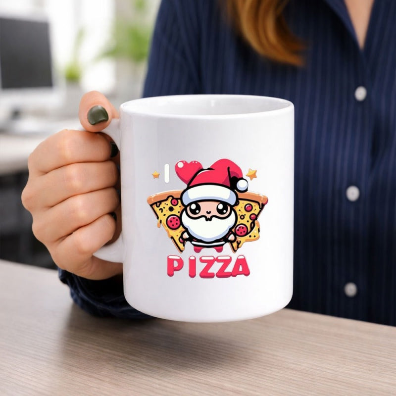Tailorly White Ceramic 11 oz Mug - I Pizza Cute Cartoon Character Wearing Red Hat Standing Between Slices Of Pepperoni Pizza Santa