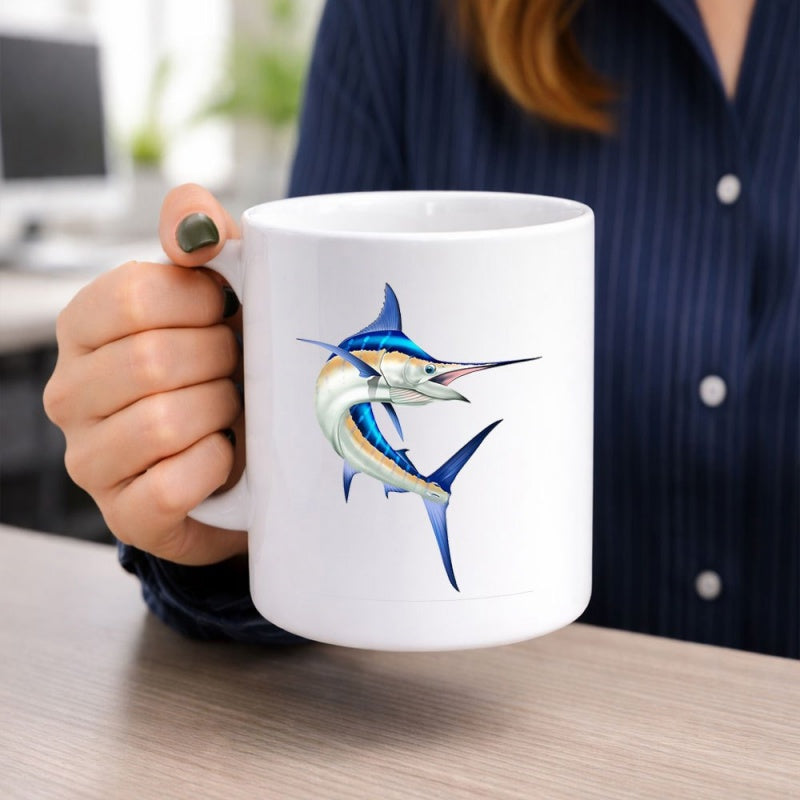 Tailorly White Ceramic 11 oz Mug - Powerful Blue Marlin Jumping Out From Crystal Clear Tropical Sea Marlin