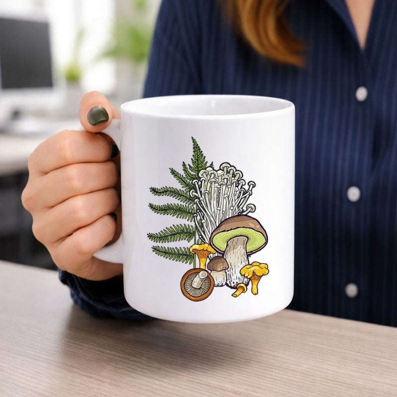 Tailorly White Ceramic 11 oz Mug - Vintage Botanical Illustration With Detailed Fern Leaves And Earthy Forest Fungi Mushroom