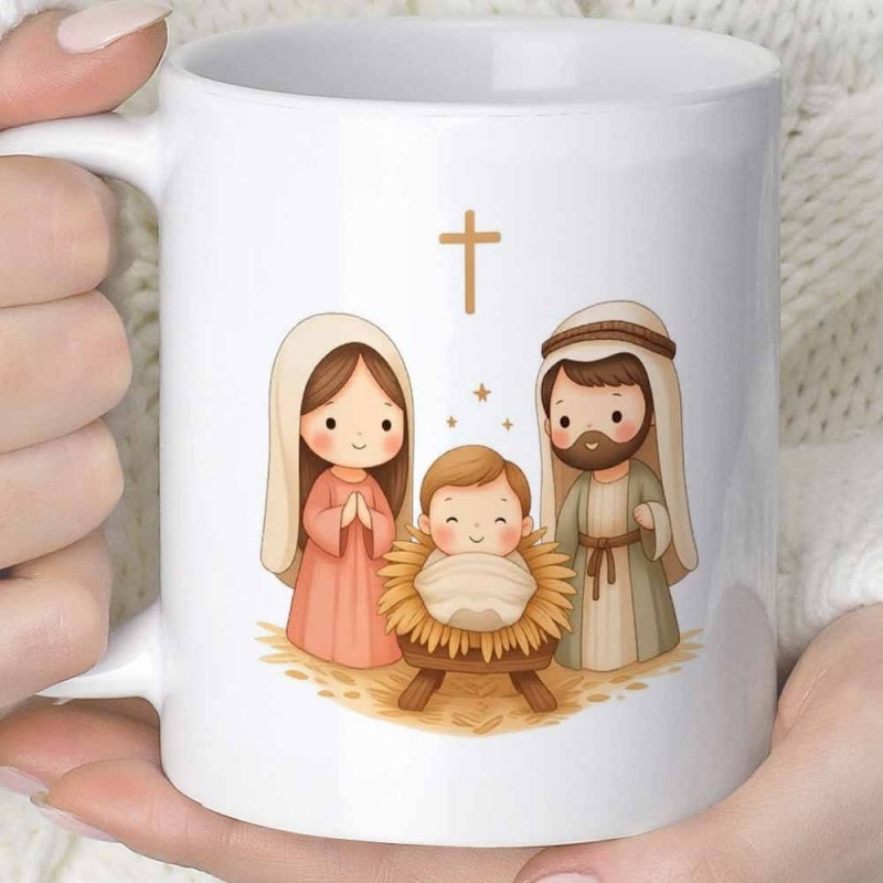 Tailorly White Ceramic 11 oz Mug - Smiling Cartoon Holy Family With Mary And Joseph And Baby Jesus