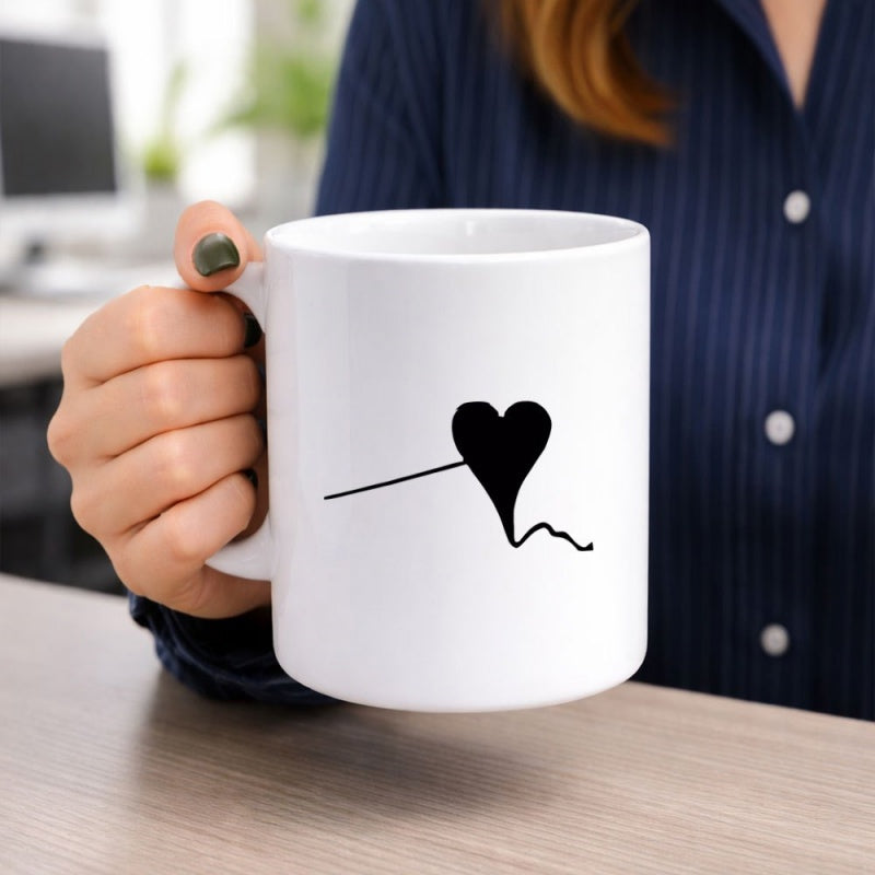 Tailorly White Ceramic 11 oz Mug - Sleek Minimalist Black Line Passing Through An Elegant Modern Heart